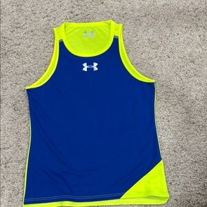 Under Armour Blue and Neon Yellow Tank Top Large fitted Heat Gear